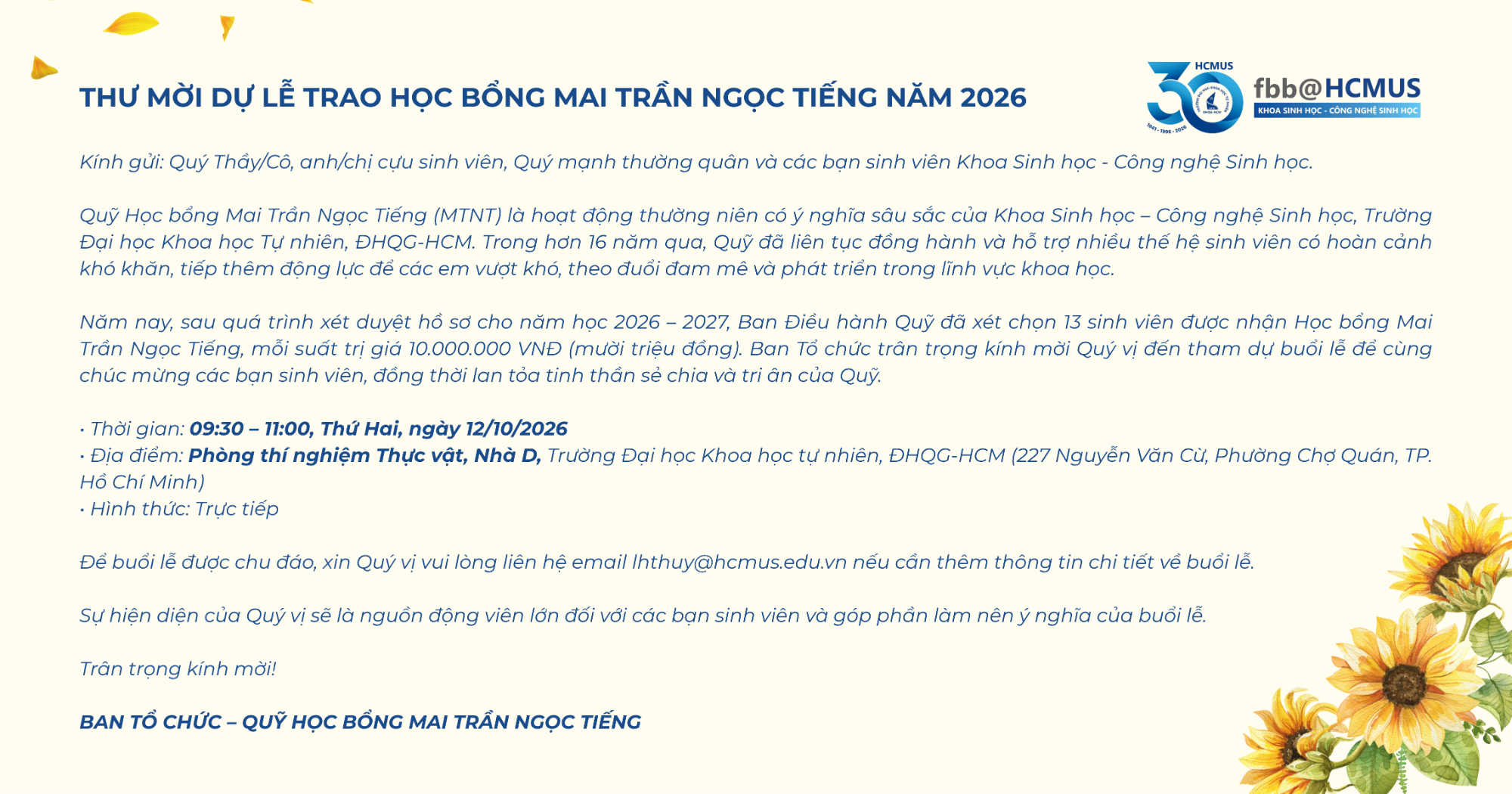 THÔNG BÁO TRAO HỌC BỔNG MAI TRẦN NGỌC TIẾNG NĂM 2026