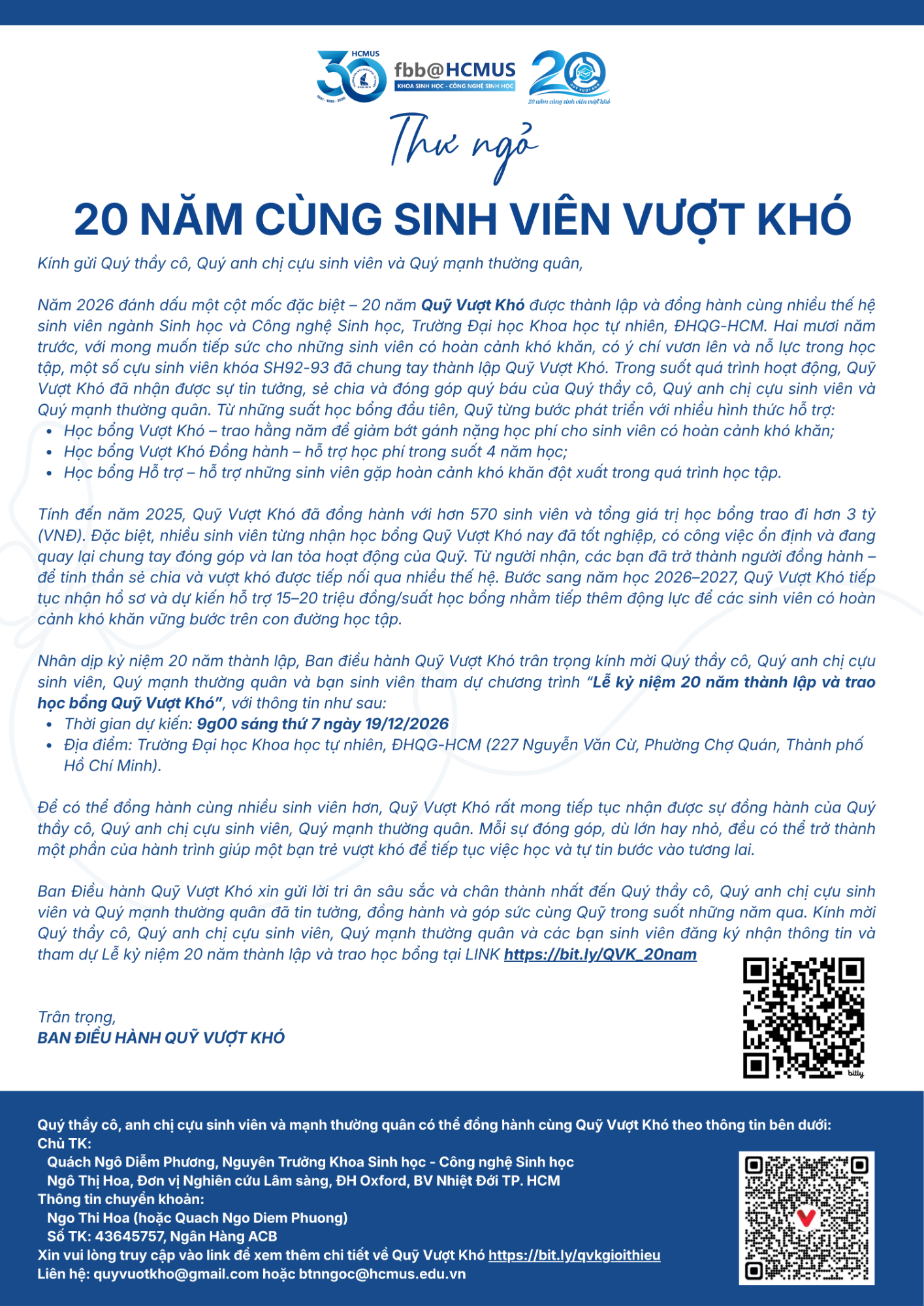 Học bổng Quỹ Vượt Khó năm học 2026 – 2027 