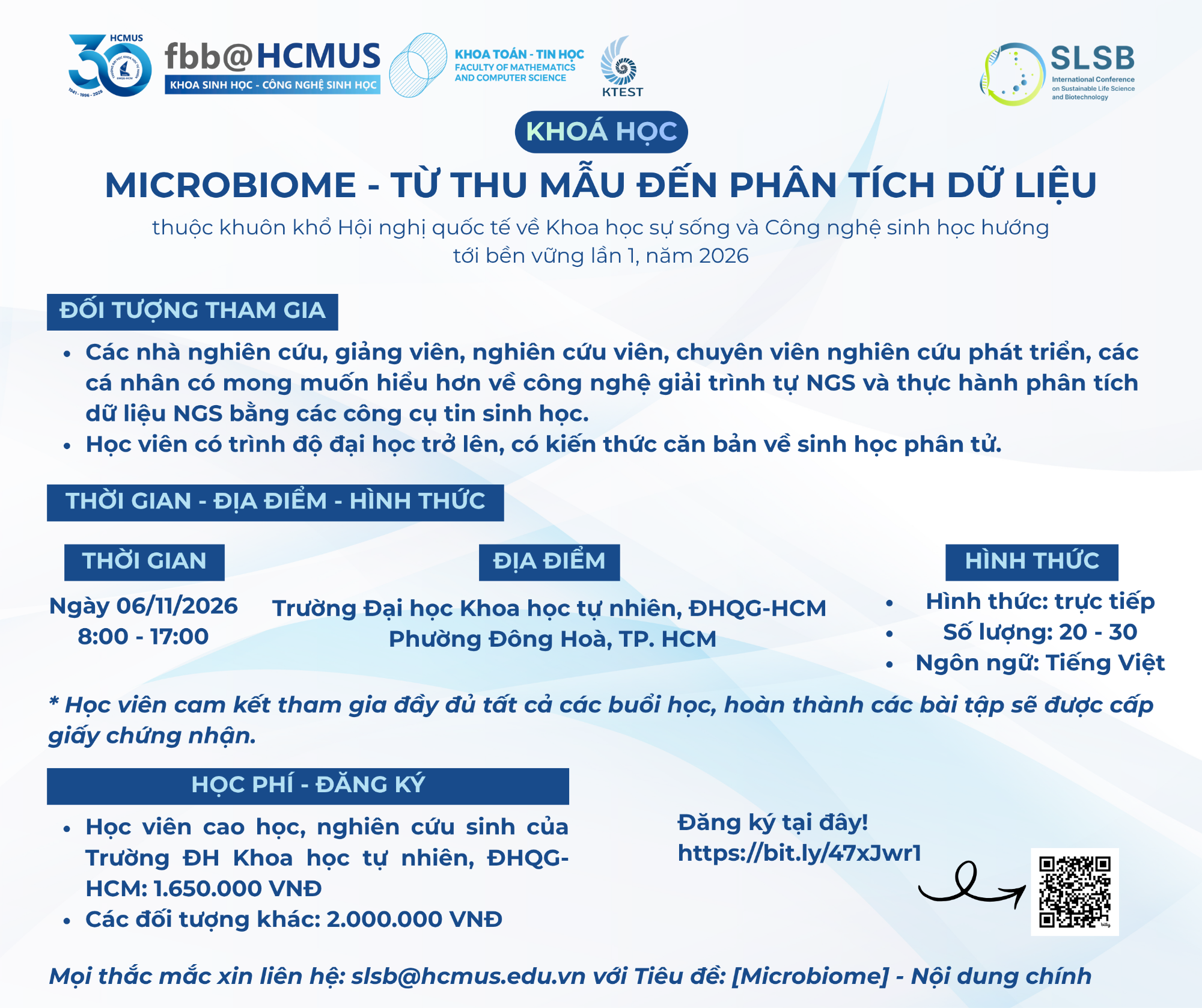 Thông báo chiêu sinh Khoá học thực hành tin sinh học “Microbiome – từ thu mẫu đến phân tích dữ liệu”