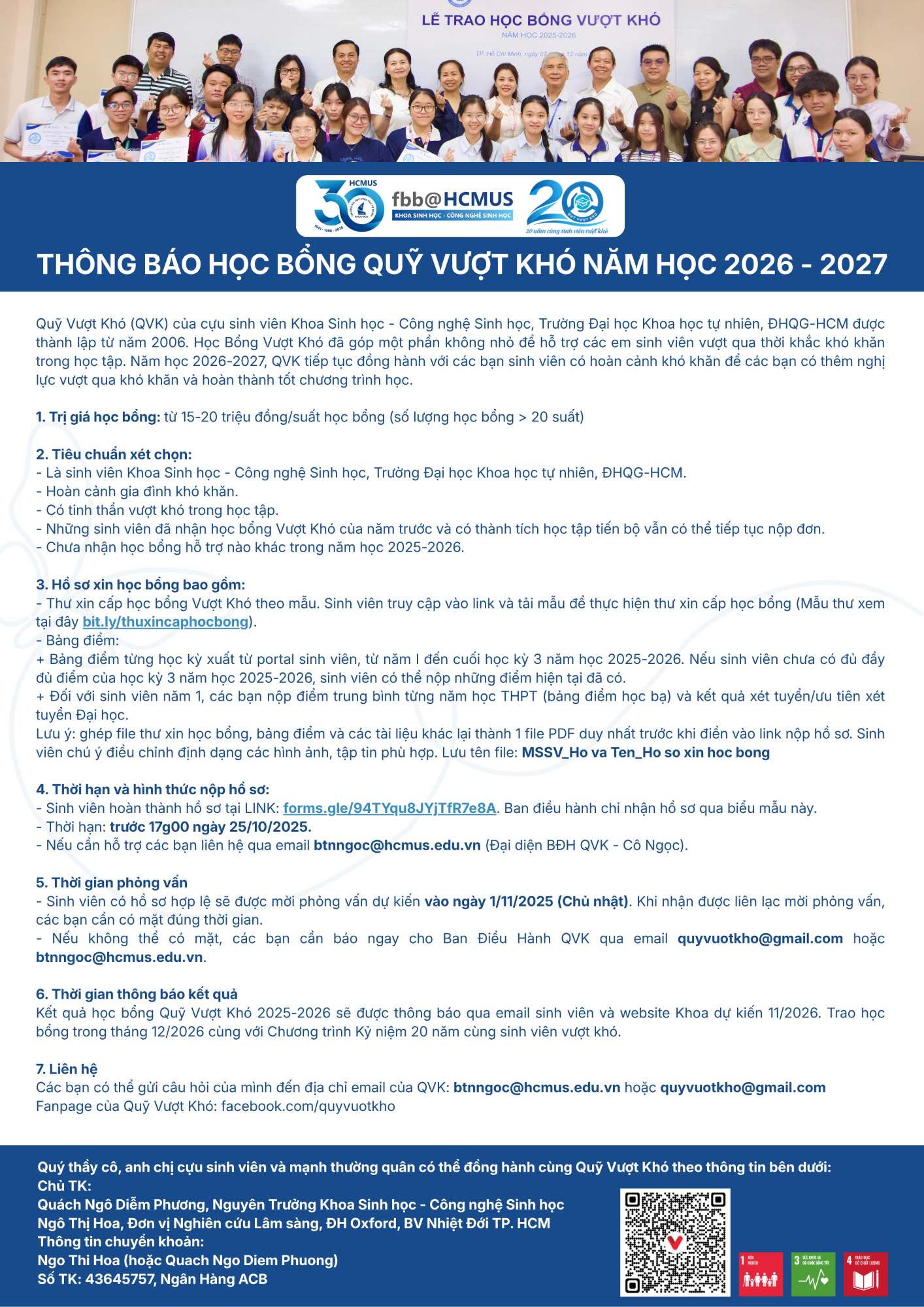 Thông báo về Học bổng Quỹ Vượt Khó năm học 2026 - 2027