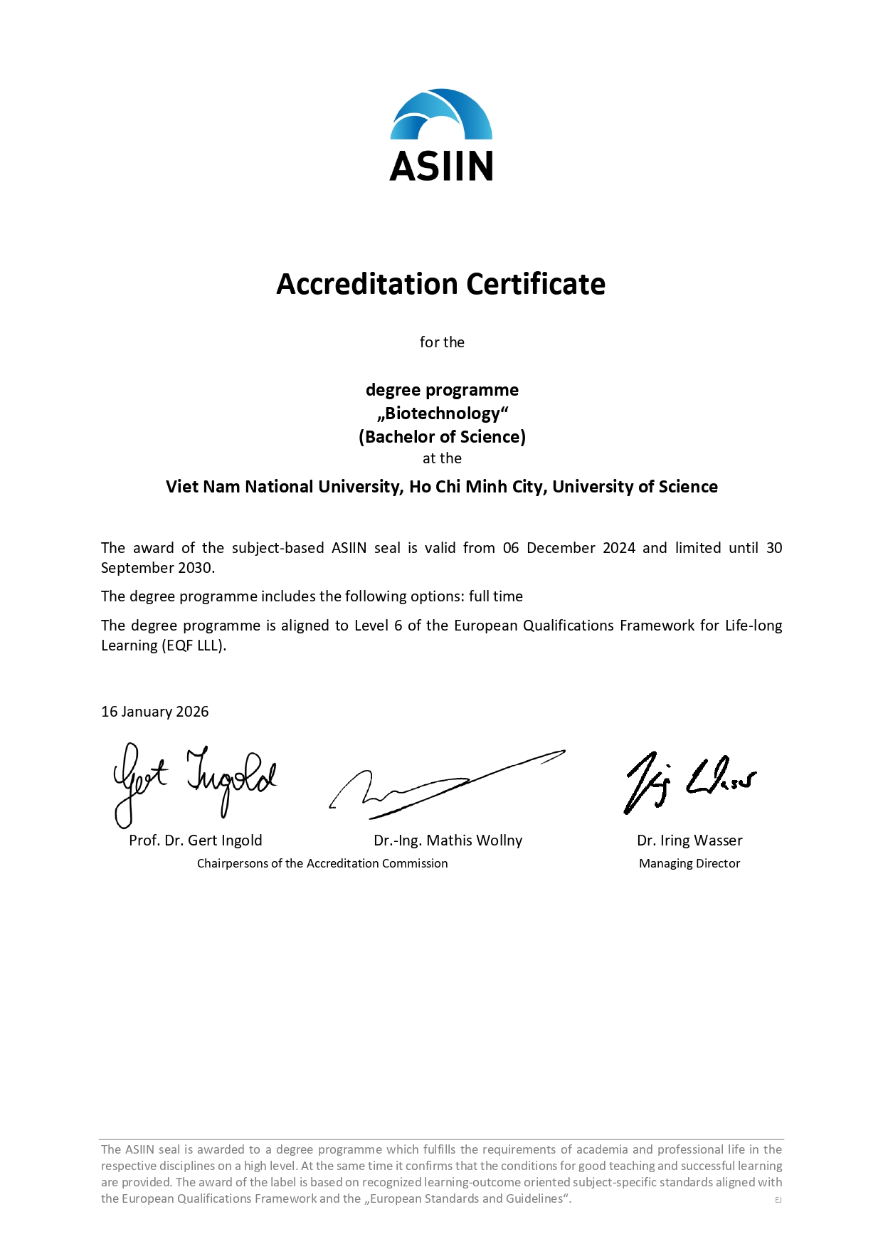 Chương trình đào tạo Cử nhân ngành Công nghệ Sinh học đạt chuẩn kiểm định ASIIN